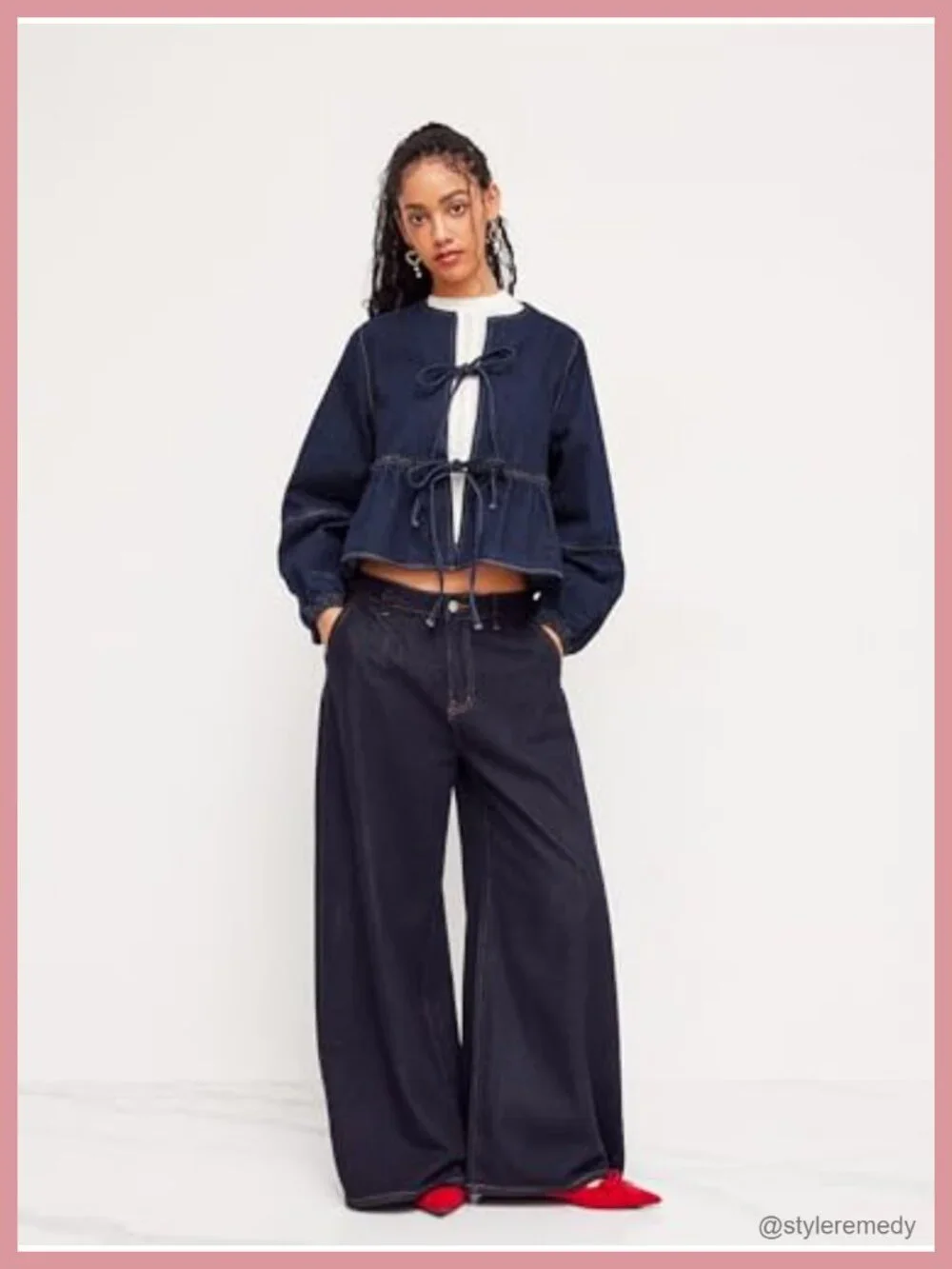 Cropped Denim Jacket Women Long Sleeve Peplum Y2K Tie Front